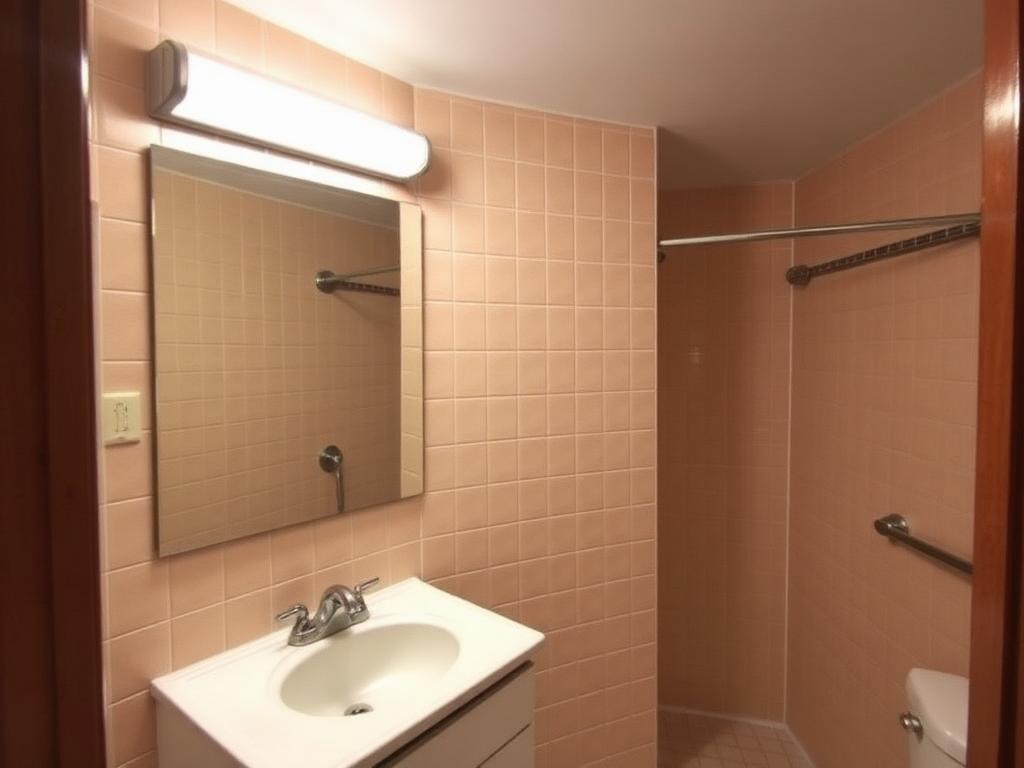 Dated almond-tiled bathroom with builder vanity before renovation