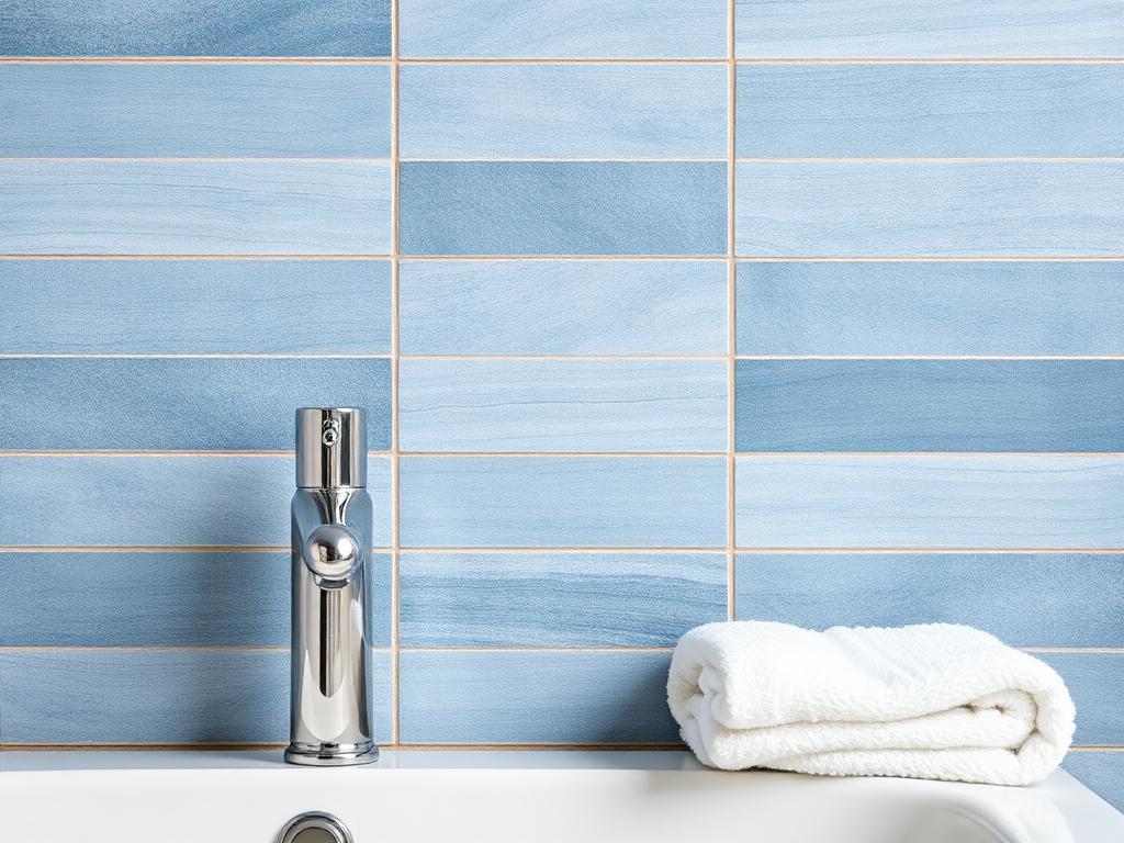 Blue-grey stone tile detail with chrome tap and folded white towel