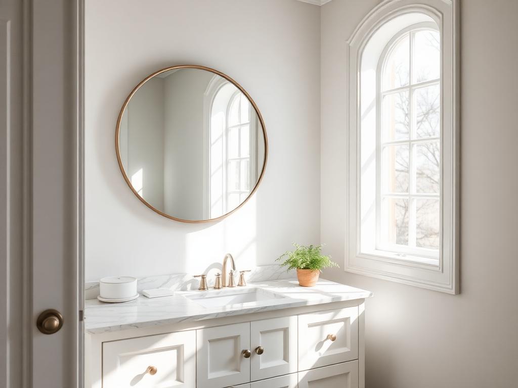 White vanity with round mirror and marble top in morning light