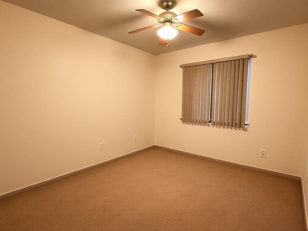 Empty bedroom with beige carpet and vertical blinds before furnishing