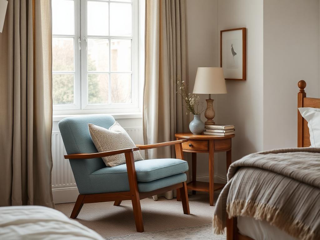 Reading corner with pale blue chair and oak side table