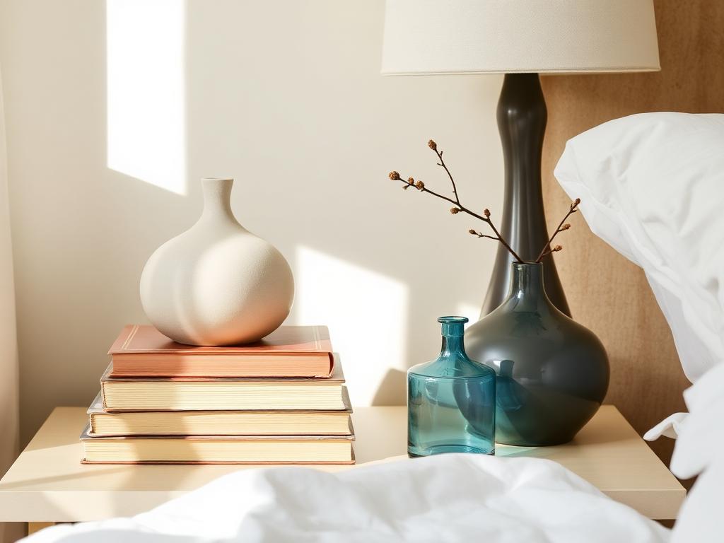 Nightstand vignette with ceramic lamp, books and a small blue vase
