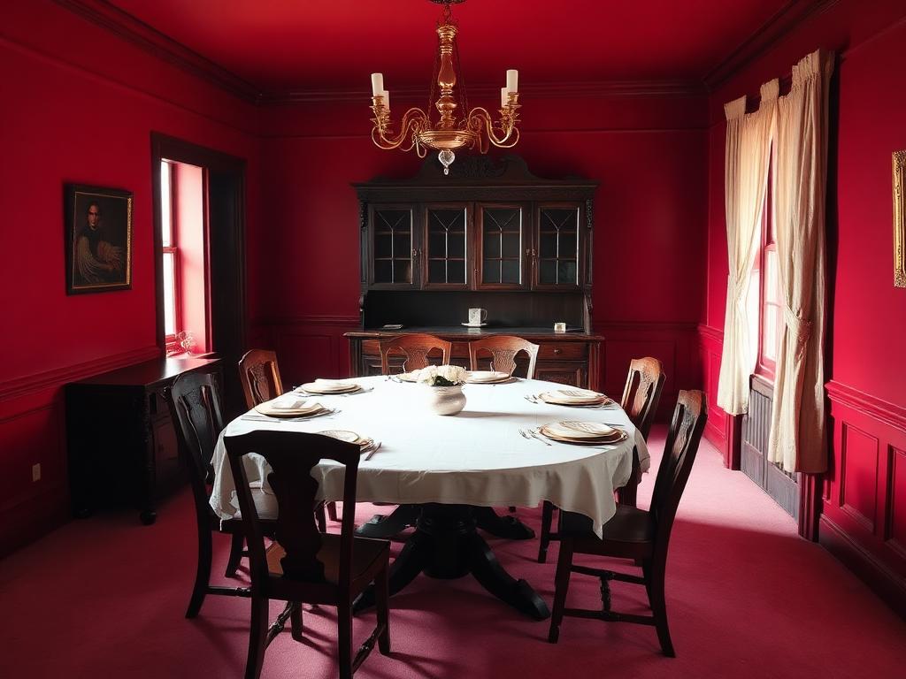 Dark red formal dining room with heavy wood furniture before redesign