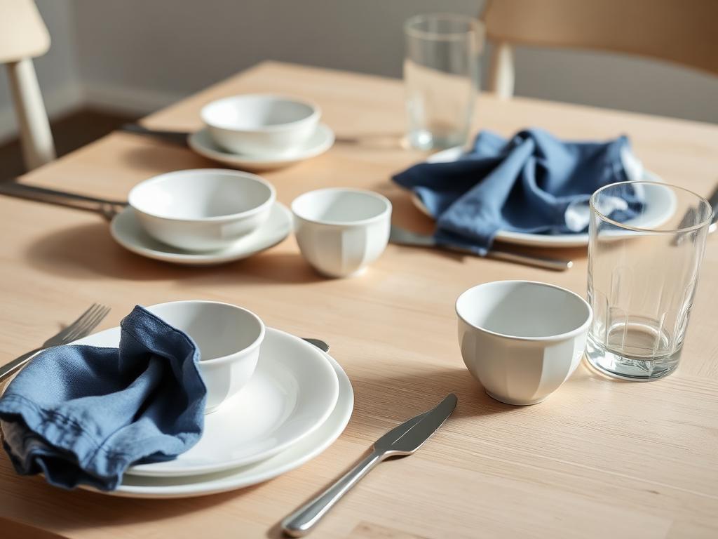 Table setting with white ceramics and blue linen napkins