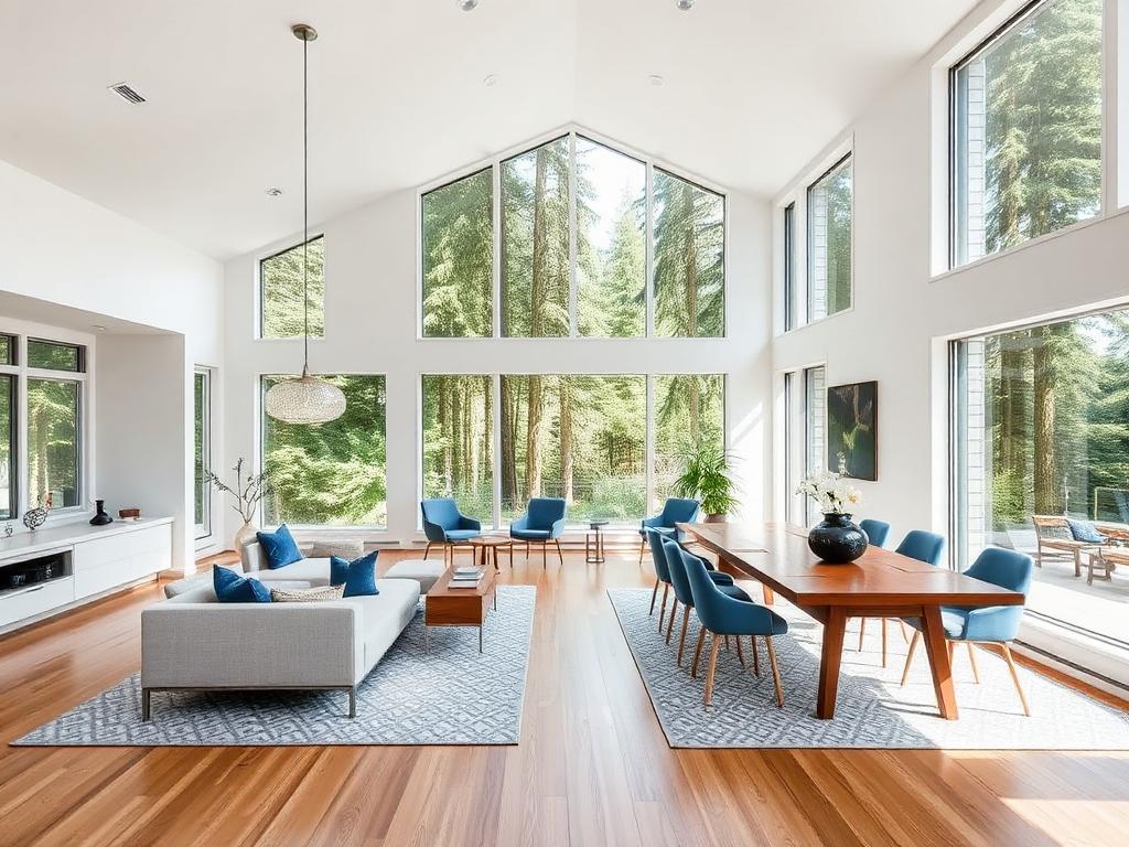Open plan living and dining space facing tall cedar trees