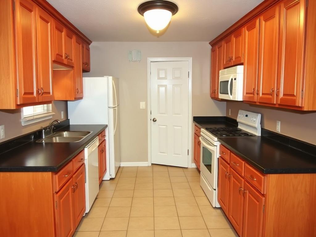 Dated oak kitchen with dark laminate counters before renovation