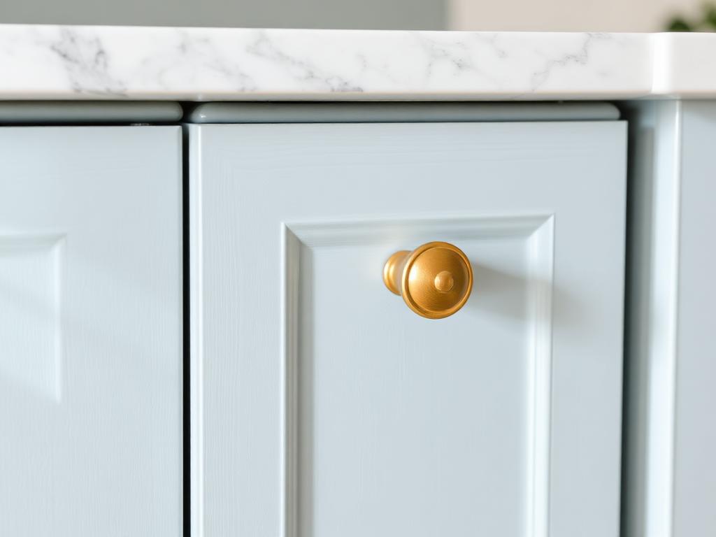 Pale blue cabinet door with brass knob and marble counter edge