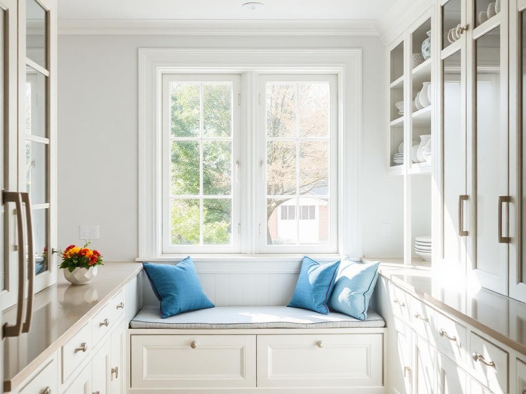Breakfast nook with window seat and blue linen cushions