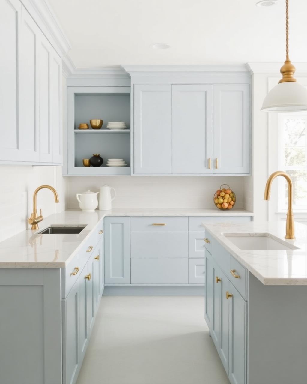White kitchen with pale blue cabinetry, marble island and brass fixtures